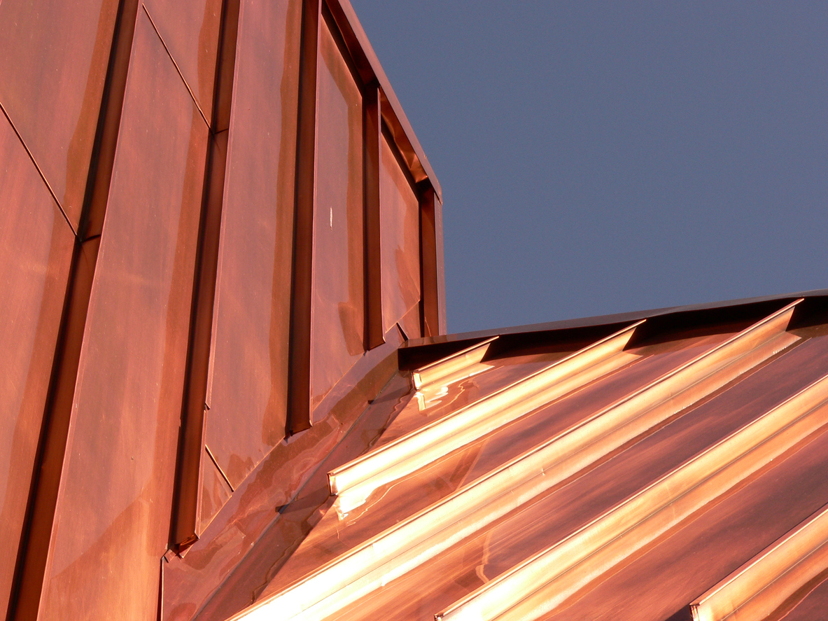 Upward photograph of a copper roof