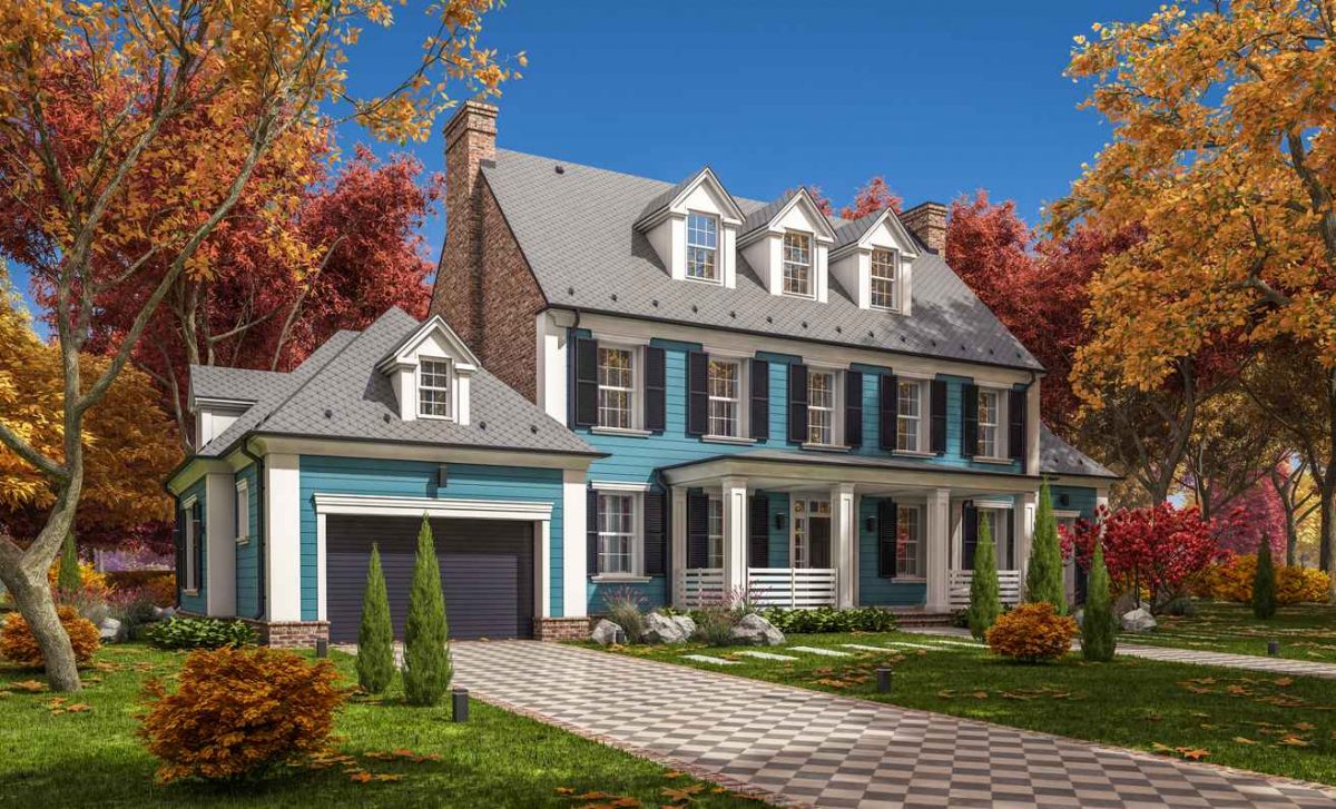 3d rendering of modern cozy classic house in colonial style with garage and pool for sale or rent with beautiful landscaping on background. Clear sunny autumn day with golden leaves anywhere.