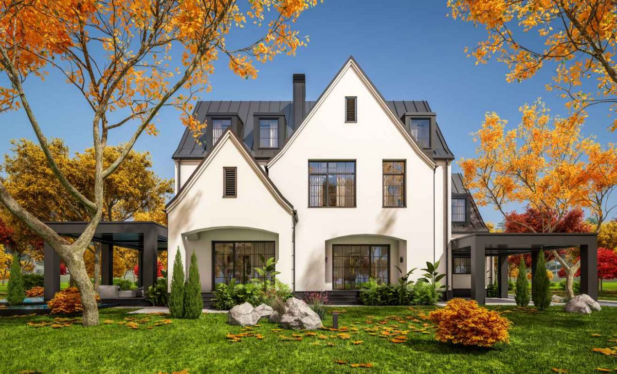 3d rendering of cute cozy white and black modern Tudor style house with parking and pool for sale or rent with beautiful landscaping. Fairy roofs. Clear sunny autumn day with golden leaves anywhere