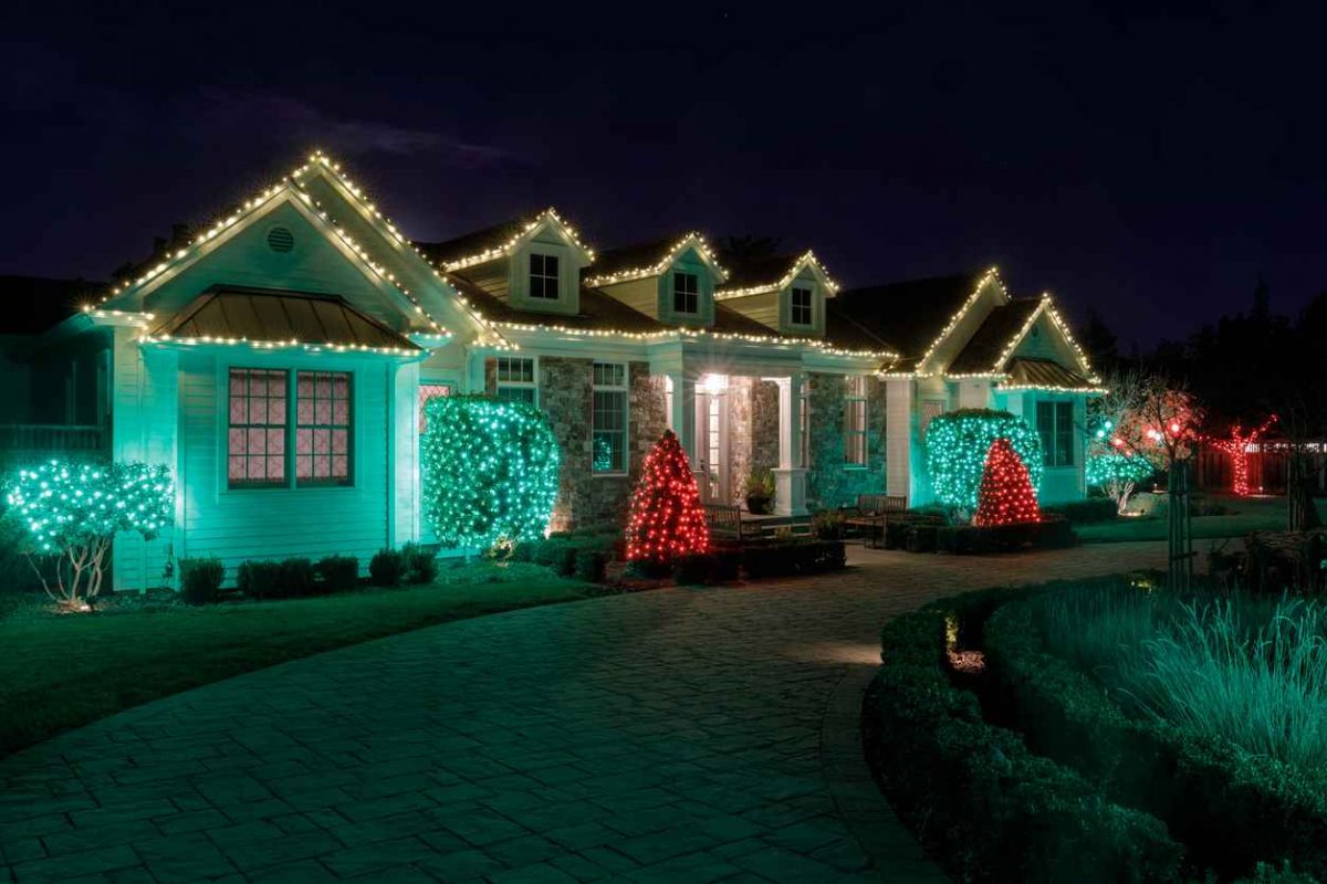 Christmas night lights decorating a house in Los Altos California